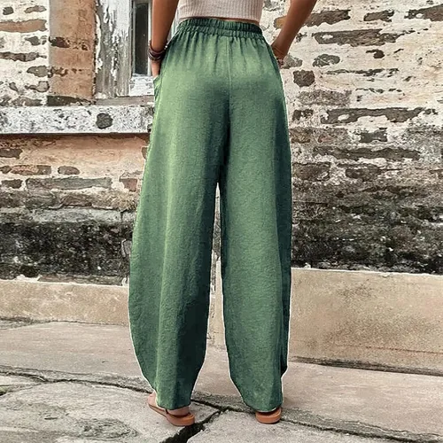 Vista 3 de YMADREIG Pantalones harén para mujer, de cintura alta, holgados, ligeros, cónicos, de lino, bohemios, de pierna ancha, pantalones capri con bolsillos