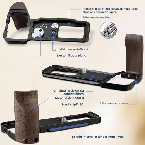 Vista 8 de Haoge Mango lateral de madera para cámara Sony A7CR a7cii, empuñadura, agarre de soporte en forma de L con placa de liberación rápida Arca