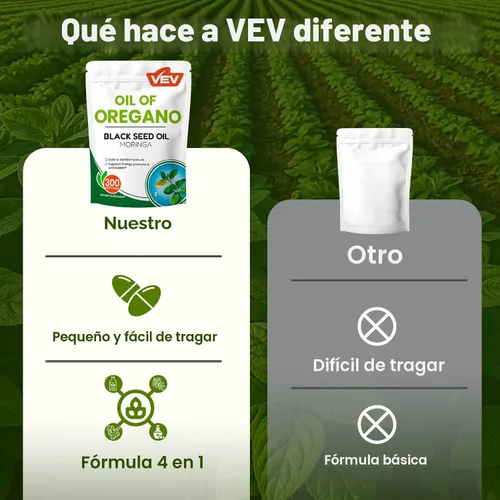 Vista 5 de VEV Aceite de orégano con aceite de semilla negra y moringa, orgánico, 300 cápsulas blandas