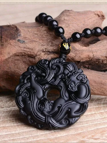 Vista 2 de Collar de amuleto de paz, de obsidiana natural, con cadena de cuentas ajustable para hombres y hombres