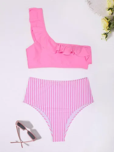 Vista 6 de Cozyease Traje de baño de cintura alta con volantes a rayas para mujer