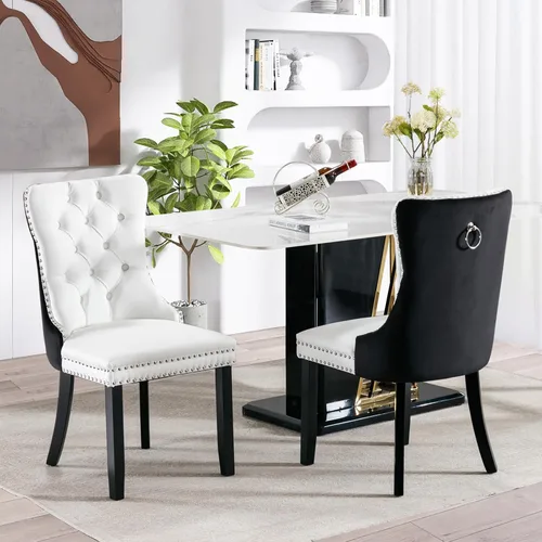 Vista 116 de SoarFlash Juego de 2 sillas de comedor de terciopelo, silla lateral de respaldo alto, silla lateral moderna tapizada de alta gama con botones Beige