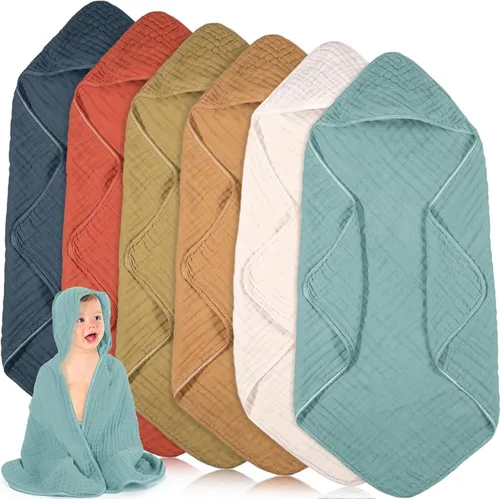 Vista 7 de Peryiter 6 piezas de toallas de muselina con capucha para bebé, toalla de baño de 81x81 cm de algodón para recién nacidos, mantas de bebé