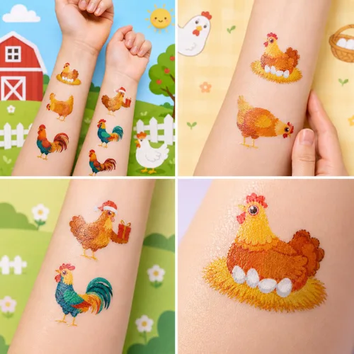Vista 6 de 80 tatuajes temporales de pollo para niños, recuerdos de fiesta de cumpleaños de animales de granja, bonitos suministros temáticos de granero