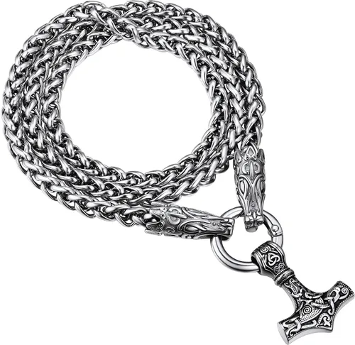 Vista 14 de PROSTEEL Thor Hammer/Thor Axe/Raven/Odin Necklace for Men Women Negro
