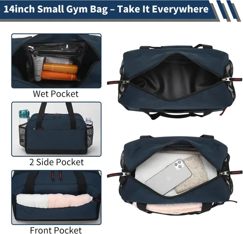 Vista 4 de Bolsa de gimnasio pequeña con bolsillo húmedo, Azul marino, Bolsa de gimnasio pequeña