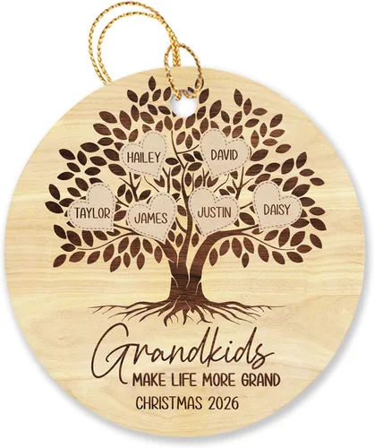 Vista 17 de Árbol de Navidad personalizado para abuelos y nietos 2023, un nieto hace la vida más grandioso, adorno personalizado con nombre y texto, adornos
