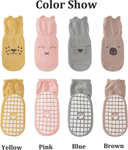 Vista 3 de vkxqtep Calcetines antideslizantes para niños pequeños, bonitos calcetines para bebés con empuñaduras para bebés, niños y niñas, 4 pares