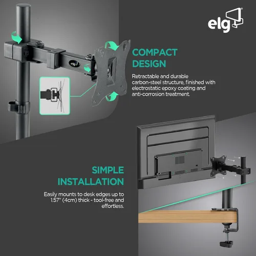Vista 3 de ELG Soporte de escritorio con brazo para monitor, altura ajustable, pantallas de 17-34 pulgadas de hasta 15.6 libras, rotación de 360°, acero