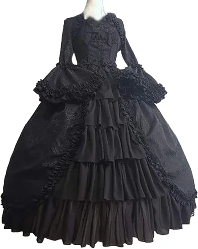 Vista 2 de Vestido de disfraz vintage renacentista para mujer vestido medieval hasta la rodilla vestido gótico de manga larga acampanada con volantes Blanco