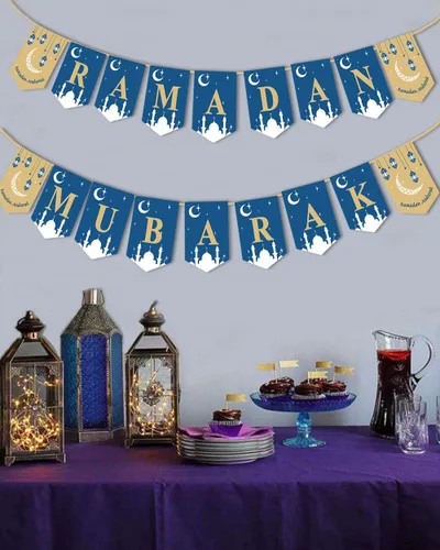 Vista 4 de Decoraciones de Ramadán para el hogar – Cartel de Ramadán Mubarak Eid Kareem Decoraciones para suministros de fiesta en el hogar