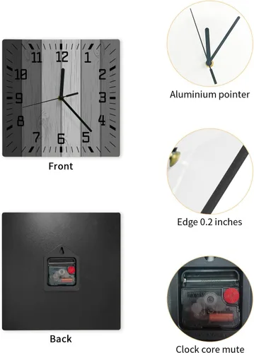 Vista 2 de Reloj de pared de madera rústica, negro, gris, blanco, silencioso, sin tictac, reloj de pared cuadrado de madera degradada gris de granja, funciona