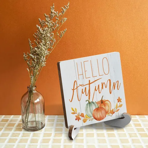 Vista 7 de Letrero con texto en inglés «Hello Autumn» con texto en inglés «Hello Autumn», decoración de escritorio de madera rústica, citas inspiradoras