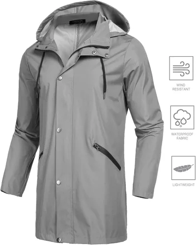 Vista 3 de COOFANDY Chaqueta impermeable para hombre con capucha, ligera, plegable, larga para exteriores