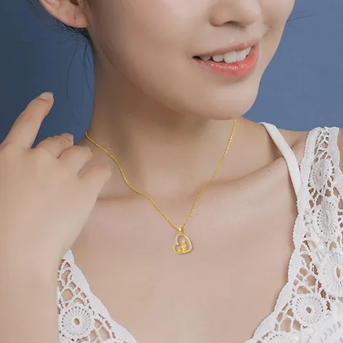 Vista 2 de Collar de conejo y niña de oro de 14 quilates para niña, collares con colgante de corazón de conejo de oro amarillo real para adolescentes, collar