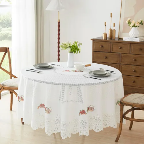 Vista 2 de Warm Home Designs Mantel redondo de tela de 70 pulgadas, decoración de granja, marfil, para todas las estaciones, lavable a máquina Round Ivory