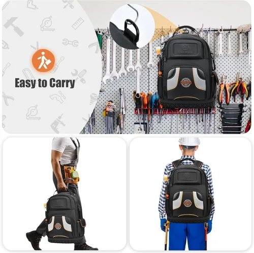 Vista 7 de Mochila para herramientas con 2 bolsas de herramientas de lona, kit de herramientas, mochila de herramientas para construcción resistente HVAC