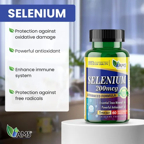Vista 2 de America Medic & Science Selenio 200 mcg (1 paquete de 60 tabletas) Suplemento dietético puro para hombres y mujeres, mineral traza esencial