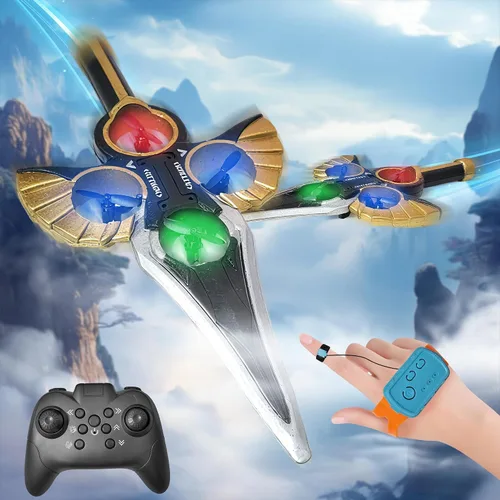 Vista 10 de Drone RC con espada voladora mejorada con luces LED coloridas, avión de control remoto de metal ABS con control de gestos manuales y reloj Oro