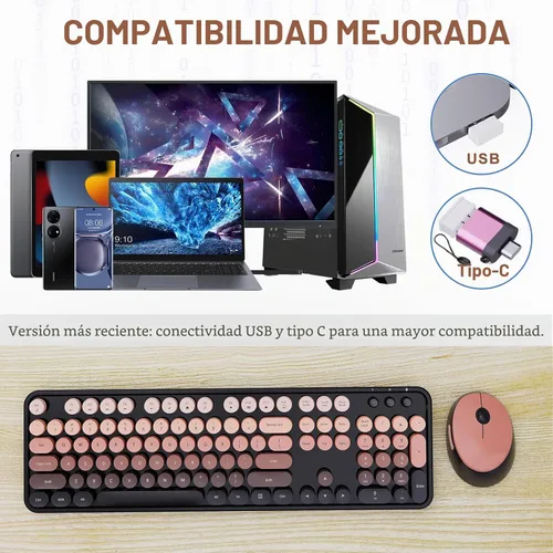 Vista 3 de SkyGive - Combo de teclado y mouse inalámbricos, teclado ergonómico de tamaño completo con diseño retro tipo máquina de escribir, con teclas