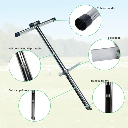Vista 3 de KAXIWEI Sonda de muestra de suelo de 20 pulgadas de acero inoxidable 304, sonda de muestra de suelo tubular con eyector y pedal para muestreo