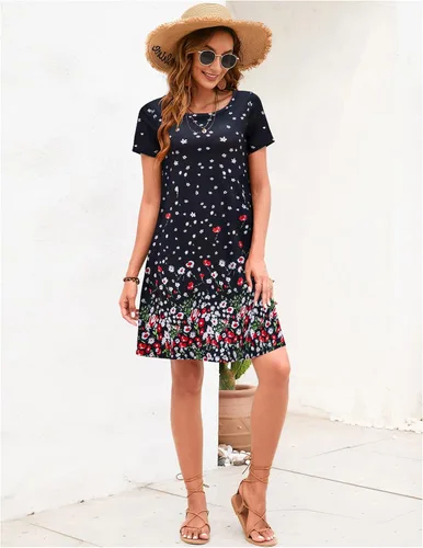 Vista 4 de Sherosa - Vestido de verano sin mangas o con manga corta, estampado floral, con bolsillos, casual, suelto, con vuelo, vestido estilo camiseta