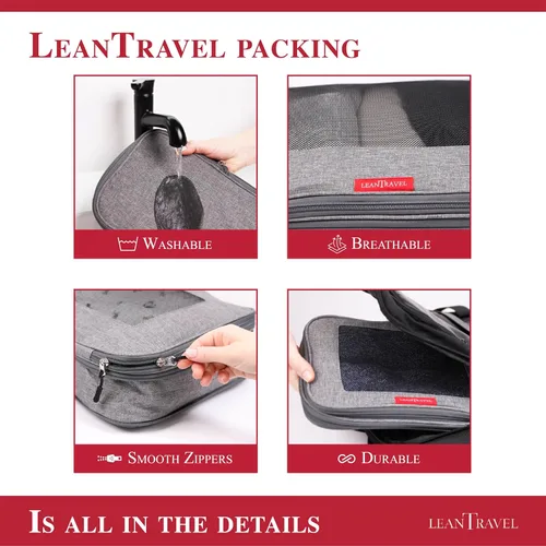 Vista 9 de LeanTravel Juego de 6 cubos de compresión para viajes, color gris, doble cremallera