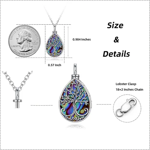 Vista 65 de Collar con colgante de urna de cenizas de cremación y árbol de la vida para mujer, plata de ley US1
