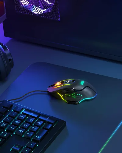 Vista 8 de UHURU WM-07L RGB Mouse con cable para computadora con 7 botones programables, 14 modos de retroiluminación de hasta 12800 DPI para jugadores