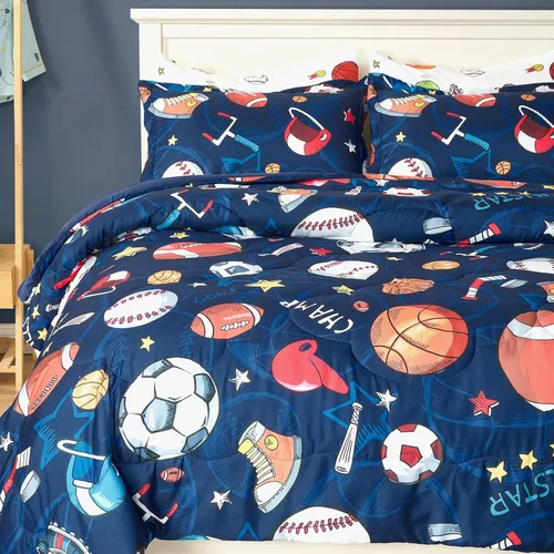 Vista 7 de Juego de edredón deportivo de 7 piezas para niños, suave y esponjoso, juego de ropa de cama de béisbol, tamaño individual con diseño de fútbol 3D