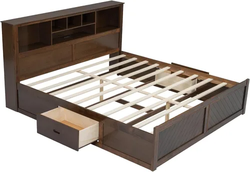 Vista 6 de Harper & Bright Designs Cama de plataforma tamaño King con cabecera de estantería y cajones de almacenamiento, marco de cama de almacenamiento