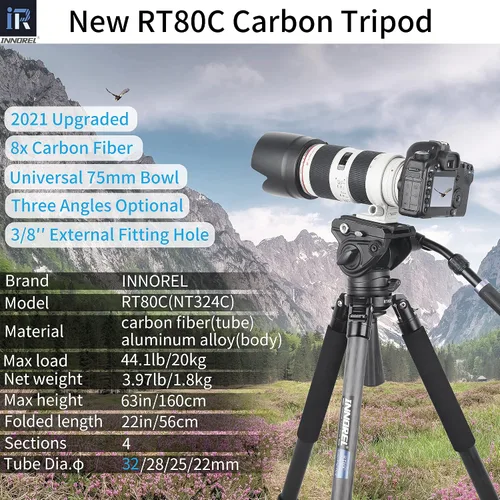 Vista 2 de Trípode de Fibra de Carbono RT80C Profesional para Observación de Aves de Alta Resistencia Cámara de 20kg de Carga Máxima Trípode de Cuenco