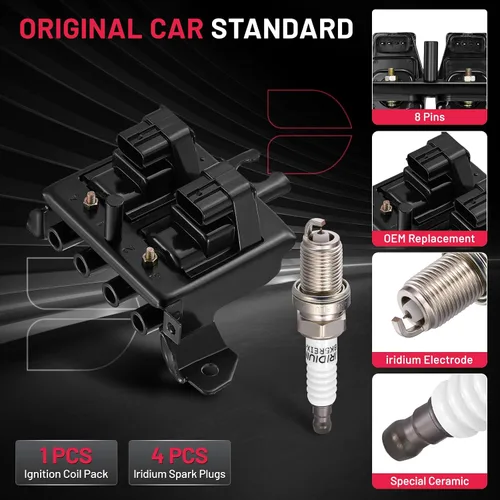 Vista 6 de BDFHYK 1 Paquete de Bobina de Encendido UF343 y 4 Bujías de Iridio 2647 Compatible con Mazda Miata 1999-2000 1.8L L4 Bobina para BP4W1810X