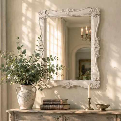 Vista 9 de Antique Brown Wall Mirror, Vintage European Ornate Carved Frame 16 x 22 Inch, HD Glass Mirror, Hand-Applied Distressed Finish, Ready to Hang, for
