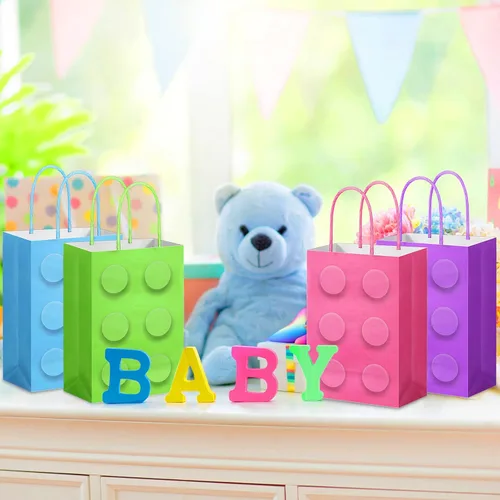 Vista 5 de PerKoop 24 bolsas de bloques de construcción, bolsas de papel para dulces de ladrillos, bolsas de regalo de fiesta con asa para niñas, bloques