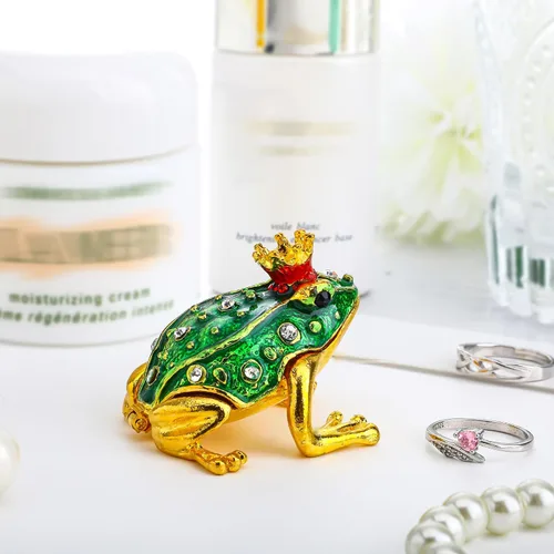 Vista 5 de YU FENG Caja de baratijas de rana con corona de cristal, con bisagras, figura de rana coleccionable, soporte de anillo decorativo pintado a mano