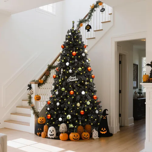 Vista 8 de GOOBED - Árbol de Navidad negro preiluminado de 6 pies con control remoto y 11 modos de luz Black Pre-Lit Spruce Hinged Artificial Halloween