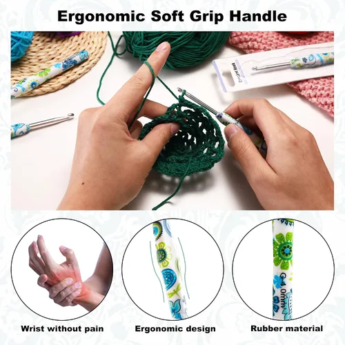 Vista 5 de 2.25mm Gancho de Ganchillo Looen, Mango Ergonómico para Manos Artríticas, Agujas de Tejer de Goma Suave Extra Largas para Principiantes de Crochet