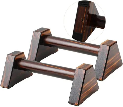 Vista 9 de Soporte de flexión, 2 barras de madera para flexiones, base antideslizante, equipo de entrenamiento en casa, 11.8 pulgadas, mango de paraletas