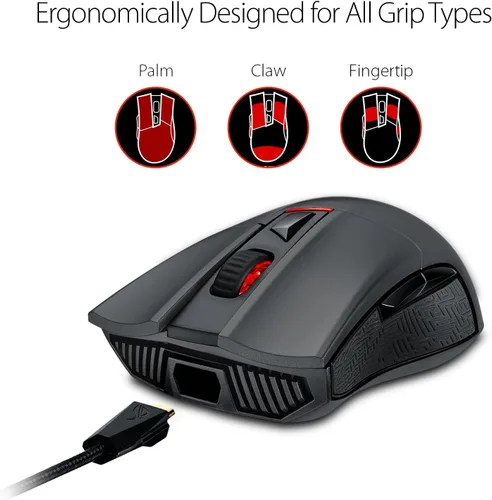 Vista 4 de ASUS Mouse óptico para juegos - P502 ROG Gladius II Agarre ergonómico a la derecha Mouse de juegos de PC para juegos FPS Sensor óptico de 12000