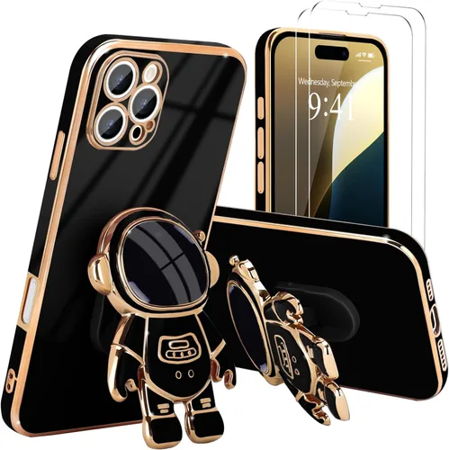 Vista 63 de Pepmune - Funda para iPhone 15 con soporte de astronauta 3D, color negro [2 Screen Protector], Luxury Electroplated Soft TPU Cover with Kickstand