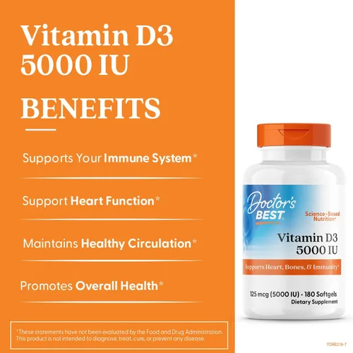 Vista 3 de Doctor's Best Vitamina D3 5000UI, sin OGM, sin gluten y soja, regula la función inmunitaria, favorece huesos saludables, blanco, sin sabor, 180