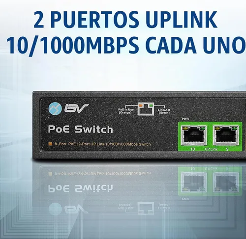 Vista 6 de BV-Tech Switch Gigabit PoE+ de 8 puertos con 2 puertos Gigabit Uplink, 130W