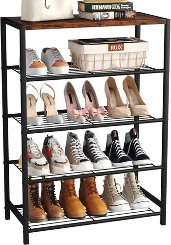 Vista 11 de Yusong Organizador de zapatos, estante industrial de almacenamiento de zapatos de 3 niveles para entrada de armario, estantes estrechos y Marrón