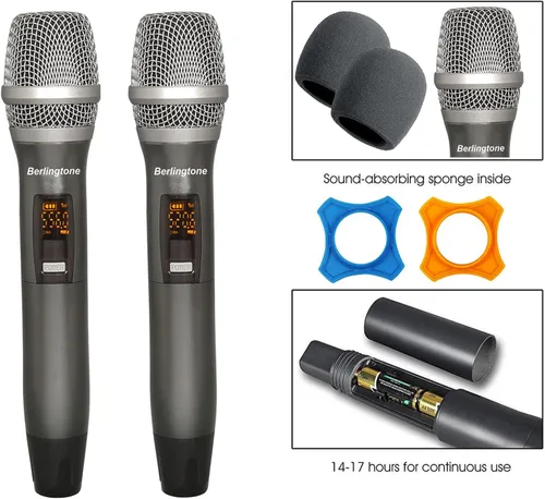 Vista 2 de Sistema de micrófono inalámbrico UHF dual dinámico profesional, micrófono y base de metal, para cantar, karaoke, iglesia, boda, reunión, alcance