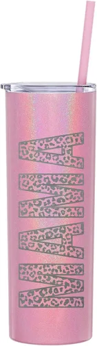 Vista 10 de The Crafty Engineer Vaso MAMA con estampado de leopardo negro mate, grabado con láser, vaso aislado de 20 onzas listo para viajar con popote