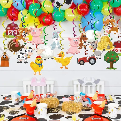 Vista 3 de Decoración de remolinos colgantes para fiestas de animales de granja, paquete de 30 pancartas colgantes de remolinos para decoración de animales