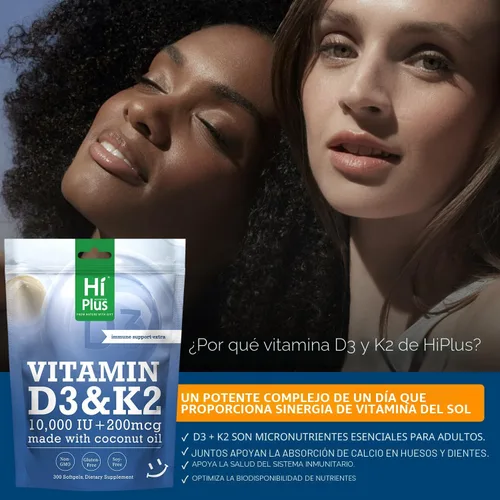 Vista 4 de Vitamina D3 10,000 UI + K2 200 mcg, 300 cápsulas blandas Aceite de coco Apoyo 2 en 1 para huesos, inmunes y cardíacos Fácil de tragar, sin OMG
