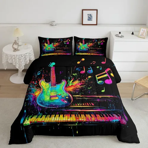 Vista 35 de Castle Fairy Juego de edredón de botas de vaquero, tamaño individual, juego de ropa de cama bohemio con guitarra musical para niños y niños