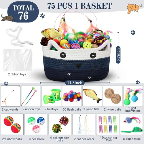 Vista 2 de Zopeal Juego de 76 cestas de almacenamiento para gatos, juguetes interactivos para gatos, varita para gatitos, bolas parpadeantes coloridas, bolas